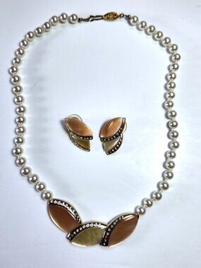 Vintage 80s Fifth Avenue Collection Necklace Earrings Set Faux Pearl Abalone